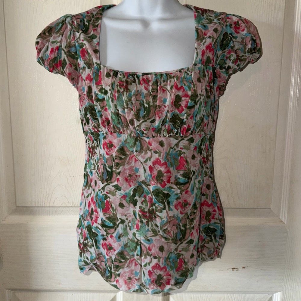 LOFT Pink and Green Floral Square-Neck Blouse